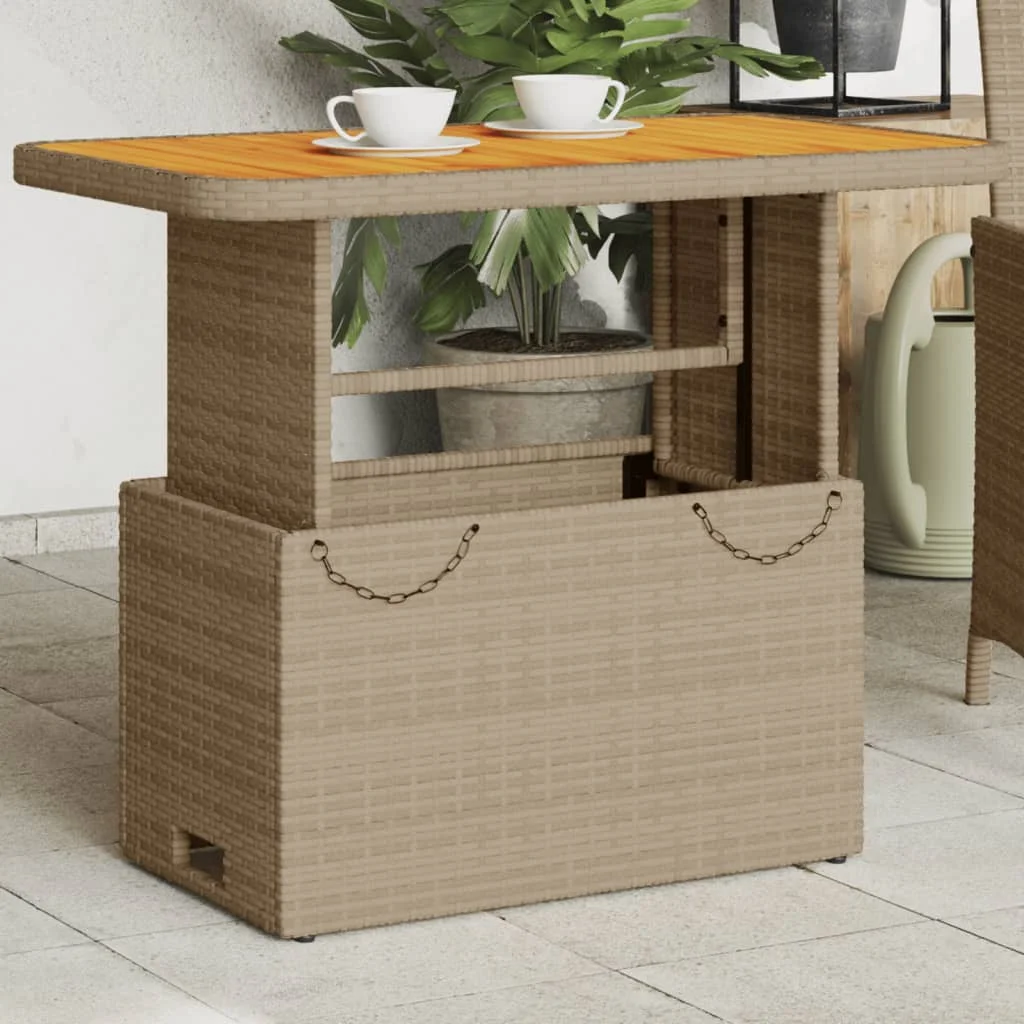 Table de jardin beige 90x55x71cm, polyrotin et bois d'acacia, Table de patio de jardin extérieur, Table de pique-nique, décoration de mobilier d'extérieur