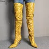 Olomm Neue Frauen Overknee Schlange Muster Stiefel Dünne High Heels Stiefel Sexy Spitz Gelb Party Schuhe Frauen UNS Größe 5-15