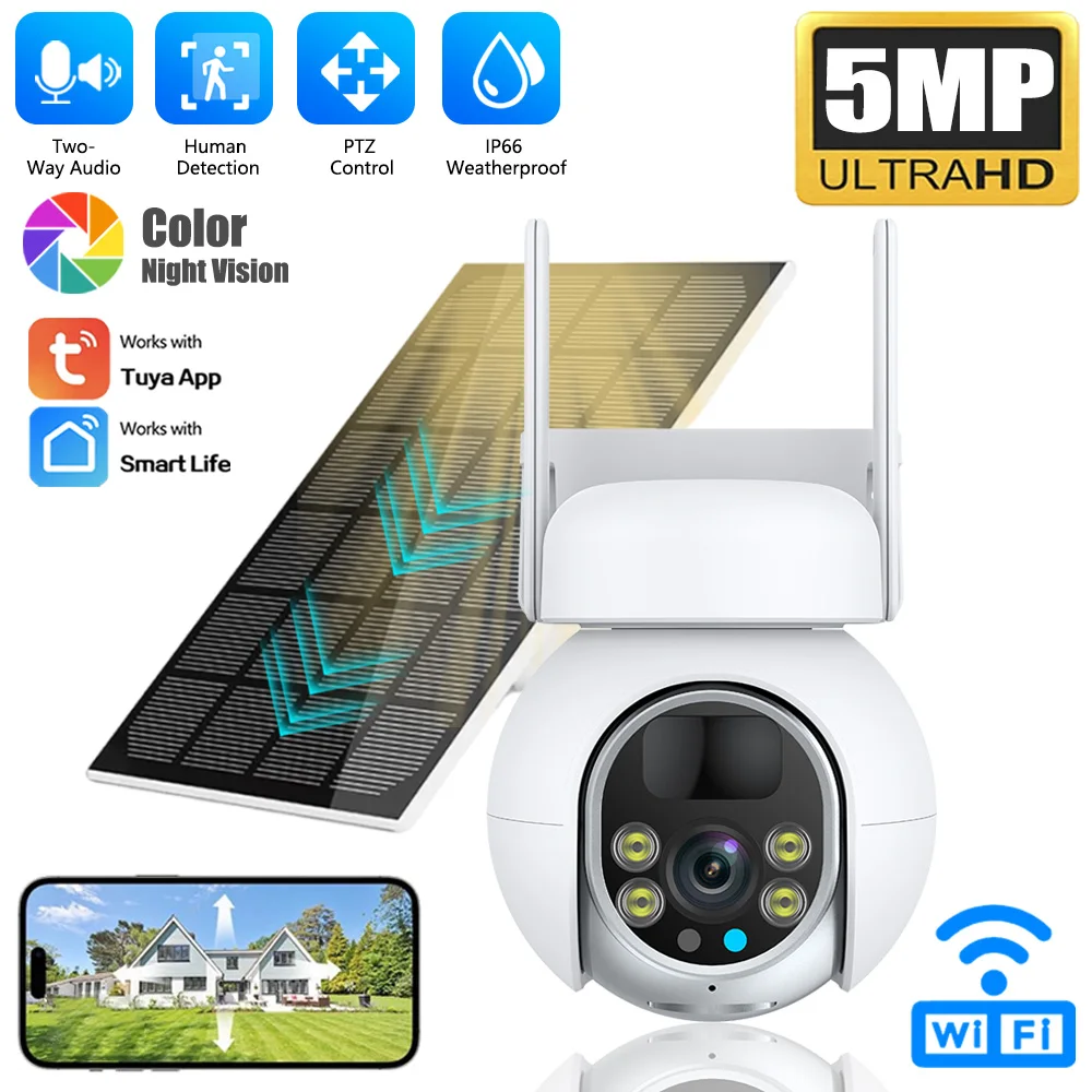 5MP Batterie Solar Powered WiFi Drahtlose PTZ Outdoor PIR Menschlichen Erkennung Patrol PIR Sicherheit Überwachung FHD Kamera Tuya Smart Image
