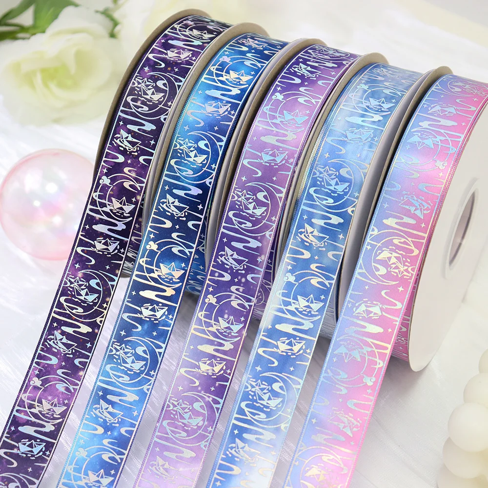 25mm Laser Silber Stern Fluss Arche Kleines Schiff Gedruckt Satinband Geschenk Verpackung Band Party Dekoration DIY Nähen Zubehör Image