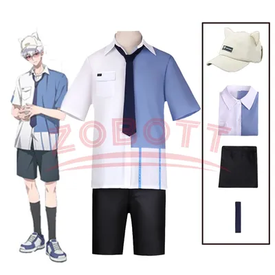 4PCS Anime Link Click Lucas Cosplay Kostüm Hut Weiß Kurzes Lu Guang Blaues Hemd Hose Hut Komplettes Image