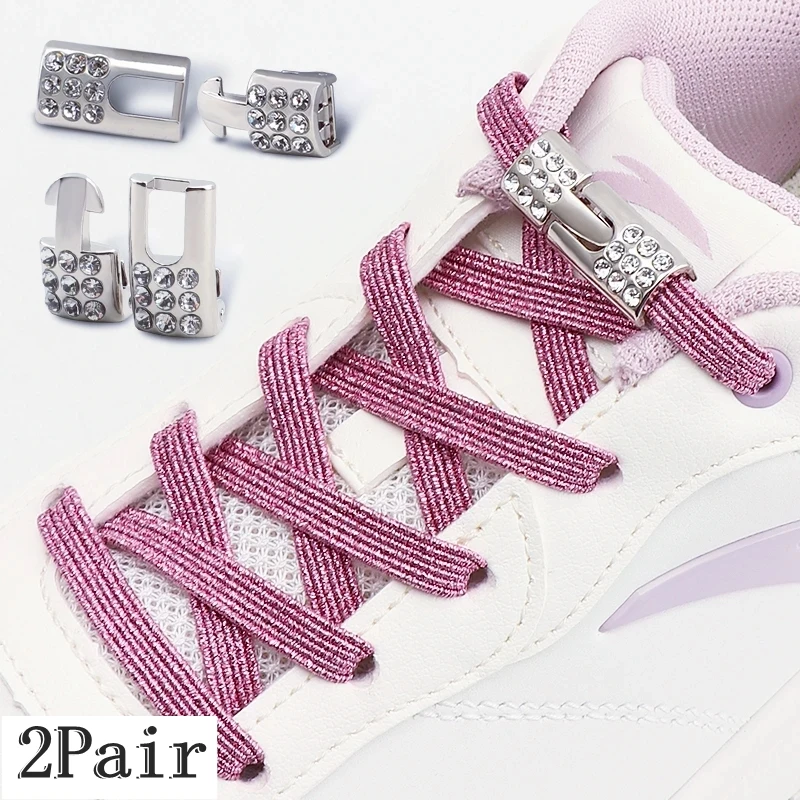 2Set Bunte Elastische Schnürsenkel Sneakers Diamond Lock Schnürsenkel Ohne Krawatten Keine Krawatte Schnürsenkel Glitter Flache Schnürsenkel Schuh Zubehör Image