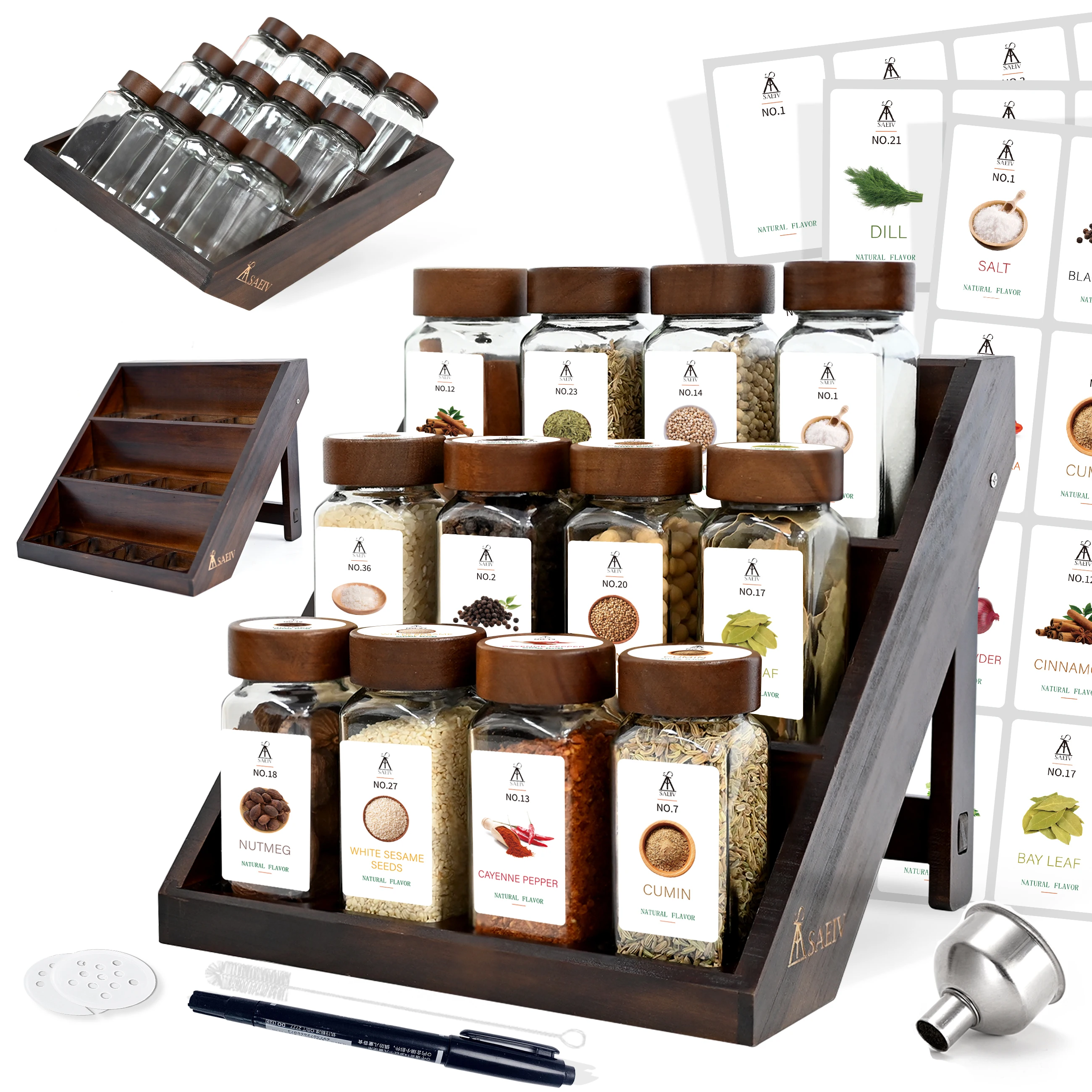 2-in-1 Gewürzregal aus Akazienholz (FCM). ® ) - 120 ml quadratische Gewürzgläser mit Holzdeckeln, 120 Etiketten, vertikale Gewürzboxen und Schubladen Image