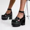 Scarpe da donna con plateau grosso da donna con tacco alto 12 cm Scarpe da donna estive con rivetti in pelle verniciata nera Taglie forti 34-43