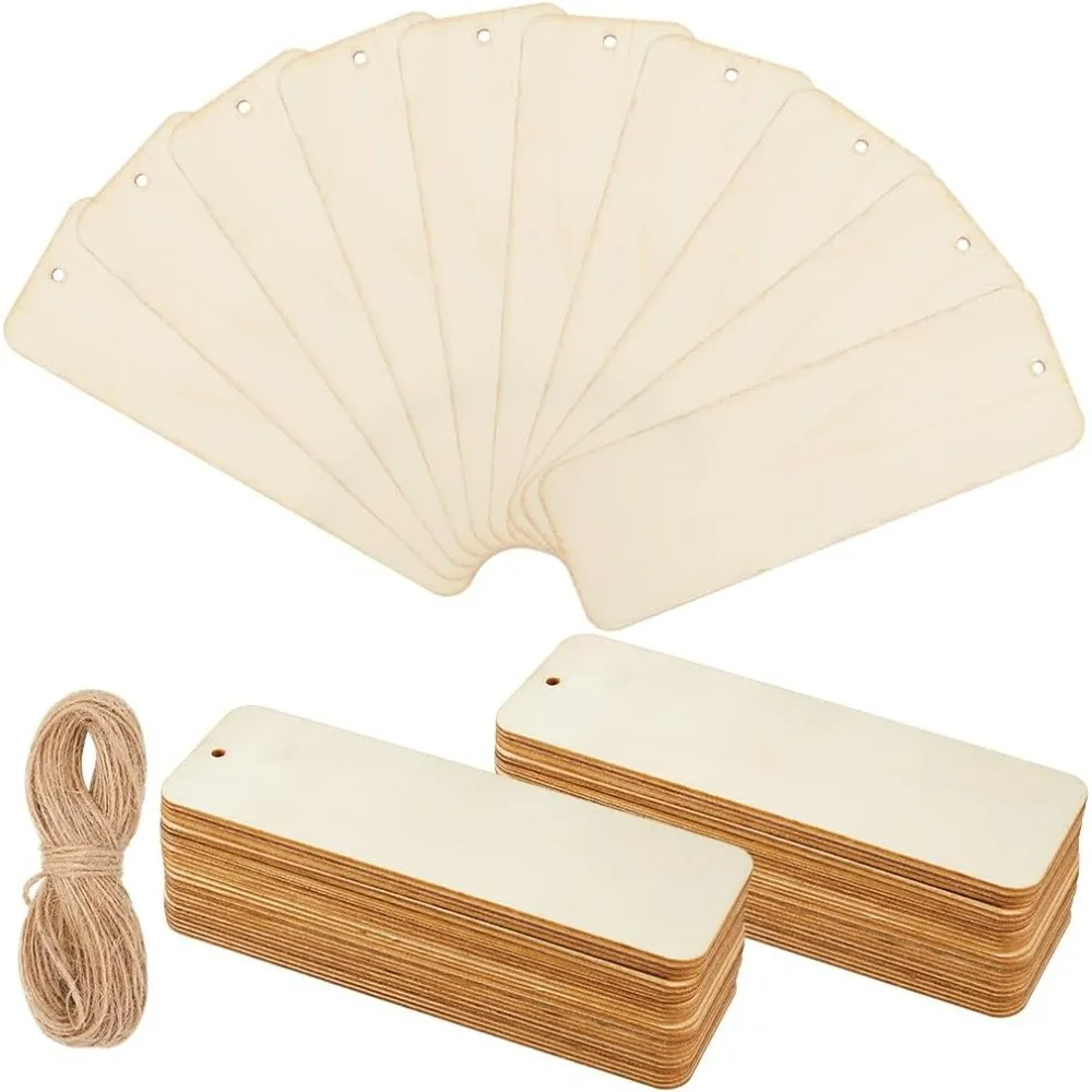 50 Stück große Holz-Lesezeichen-Rohlinge, 15,2 x 5,1 cm, Holz-Lesezeichen, unvollendete Holz-Geschenkanhänger mit 39,4 Fuß/12 m Kordel-Lesezeichen Image