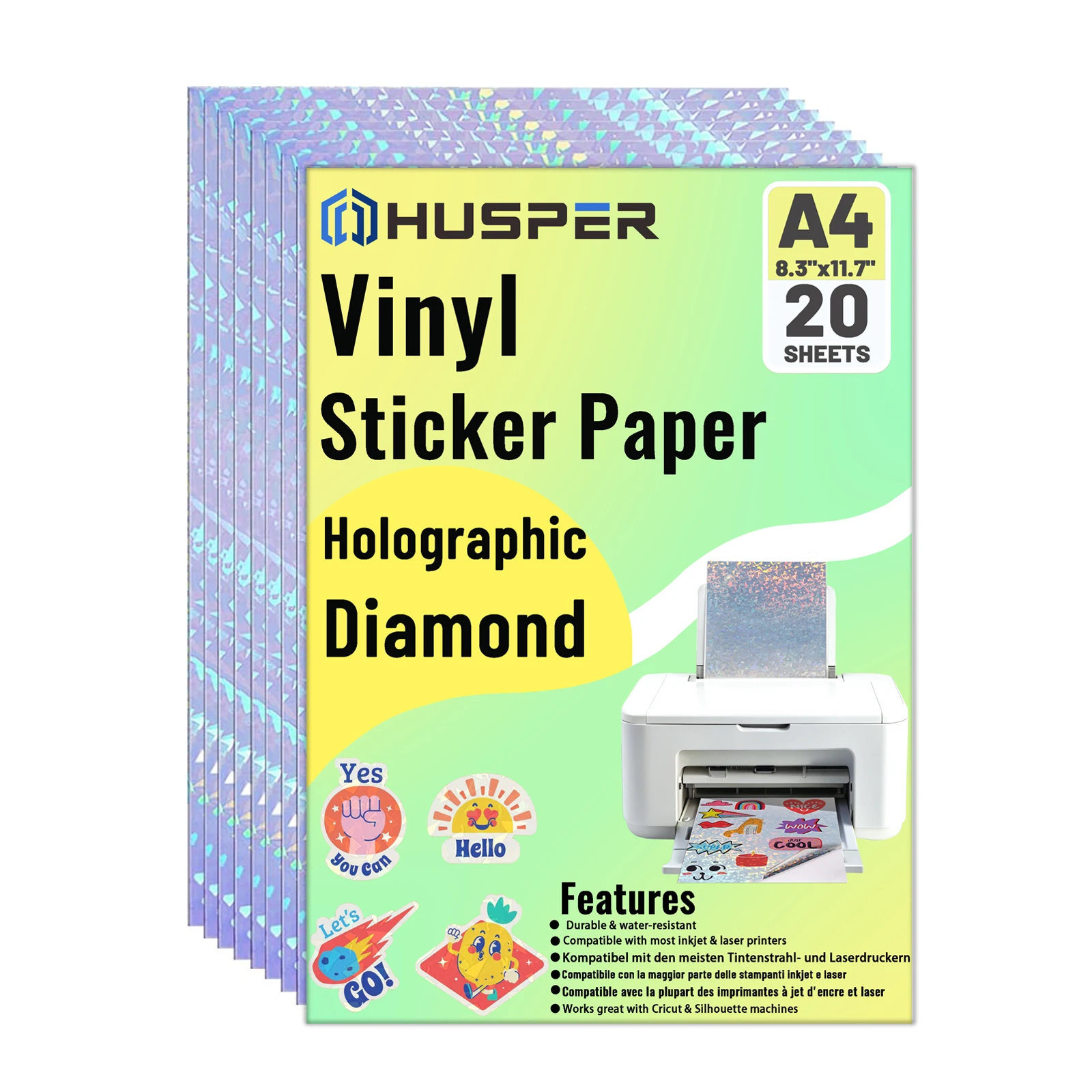 20 Blatt holografisches Diamant-Aufkleberpapier im A4-Format, 8,3 x 11,7 Zoll, selbstklebender, wasserfester Vinyl-Aufkleber aus zerbrochenem Glas Image