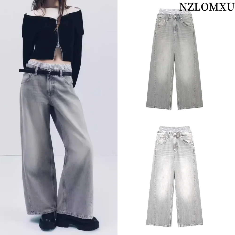 2025 frauen Mode Grau Patchwork Jeans Weibliche Casual Baggy Breite Bein Denim Hosen Frau Jeans Streetwear Grundlegende Hosen