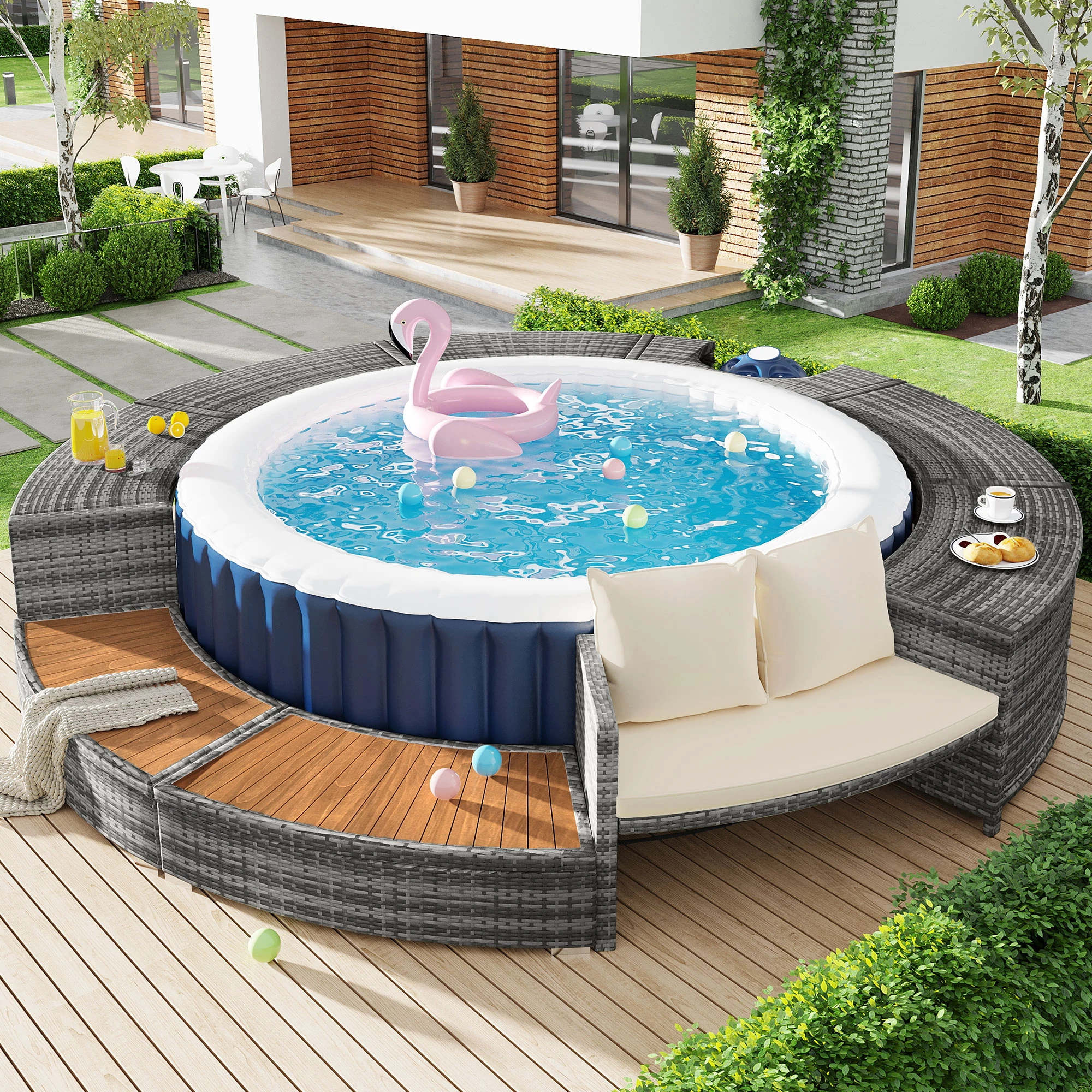 Garten-Lounge-Set mit rundem Sofa, Gartenmöbel-Set mit verstellbaren Füßen, einschließlich Kissen, Möbel für Terrasse, Garten