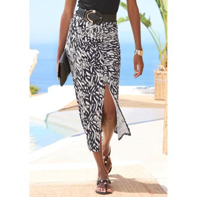 Jerseyrock LASCANA, Damen, Gr. 44, creme, graublau bedruckt, Jersey, Obermaterial: 95% Viskose, 5% Elasthan, bedruckt, modisch, figurbetont ca. Mitte Wade, Röcke, mit seitlicher Raffung und Schlitz, Midirock im Alloverprint Image