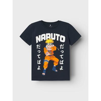 Print-Shirt NAME IT "NKMMACAR NARUTO SS TOP NOOS SKY", Jungen, Gr. 134 (140), blau (schwarz sapphir), Jersey, Obermaterial: 95% Baumwolle, 5% Elasthan, bedruckt, casual, regular fit, Rundhals, Kurzarm, Shirts Image