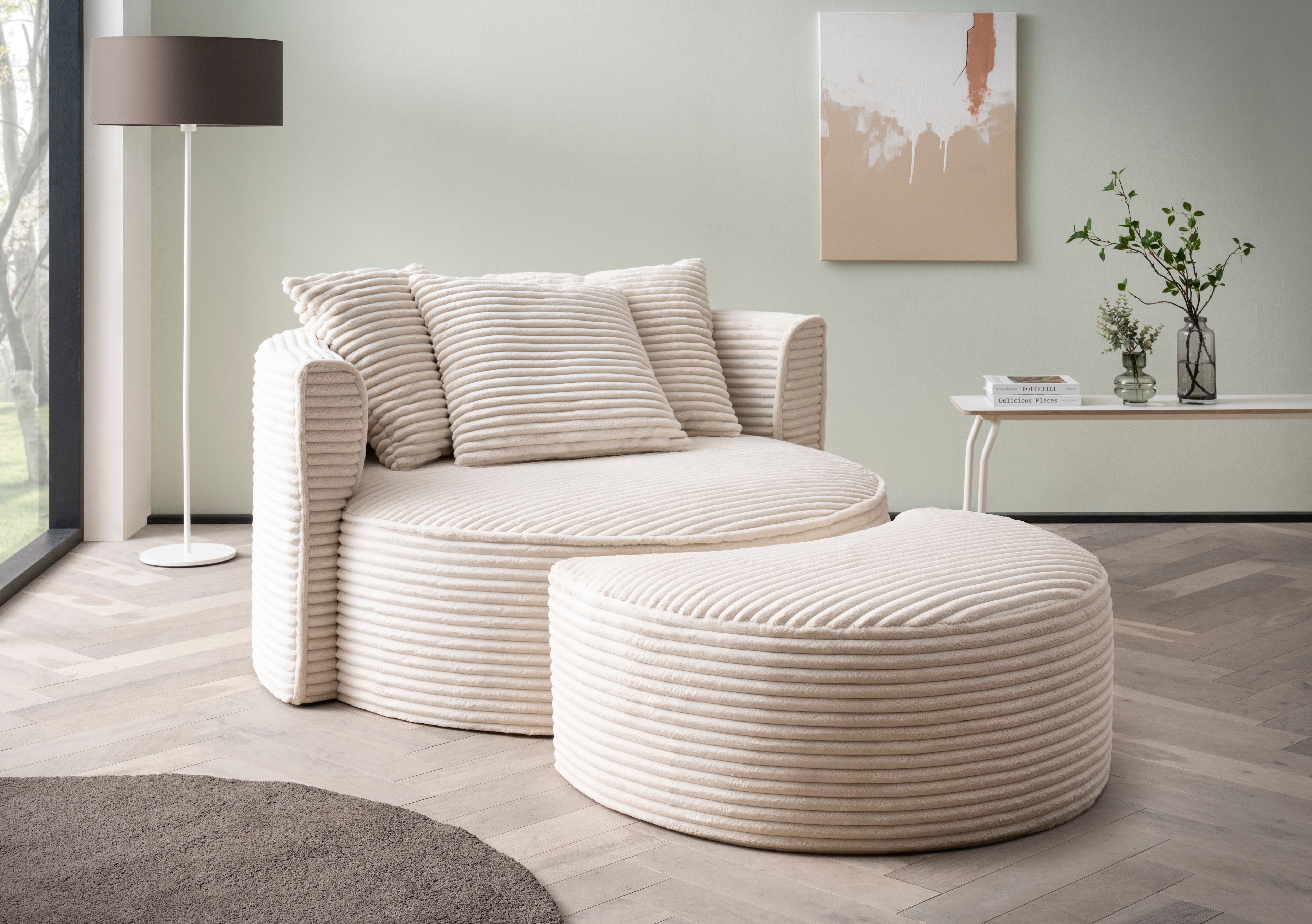 XXL-Sessel "ISALIE, Rundsessel mit Hocker, Lesesessel, Loveseat, Big-Sessel", beige (elfenbein), B:153cm H:98cm T:208cm, LEGER HOME BY LENA GERCKE, Sessel, XXL-Sessel, trendige Stoffe, 3 Zierkissen, große Sitzfläche, Cord, Samt, Bouclé