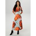 Midikleid ANISTON SELECTED, Damen, Gr. 48, N-Gr, rot, silber, anthra, rosa, Single Jersey, Obermaterial: 95% Viskose, 5% Elasthan, bedruckt, gemustert, Batikmuster, modisch, figurumspielend, V-Ausschnitt, Langarm, Kleider, mit Smok-Details - NEUE...