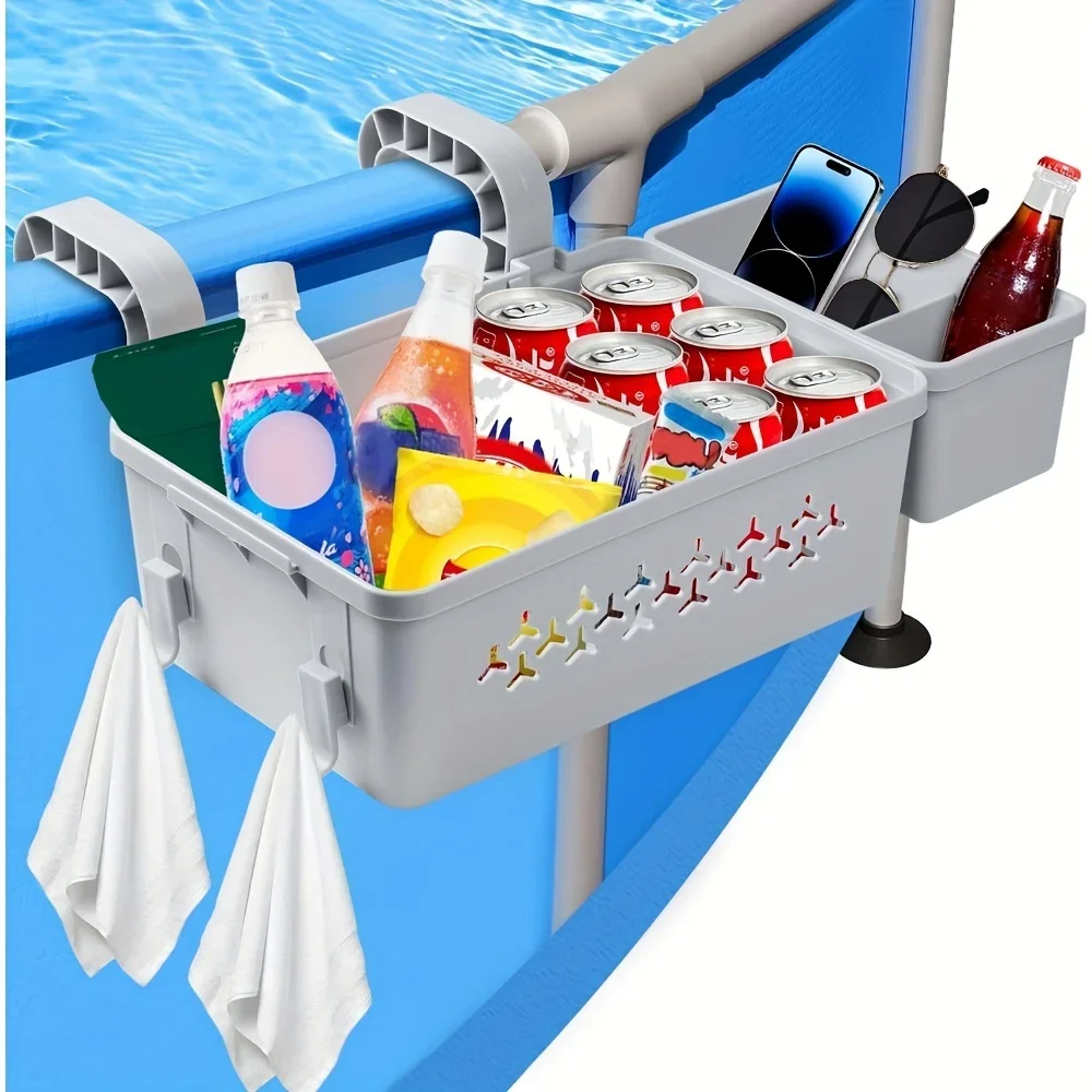 Panier de rangement au bord de la piscine avec porte-gobelet, panier de piscine en plastique épais pour accessoires de piscine hors sol, natation en plein air