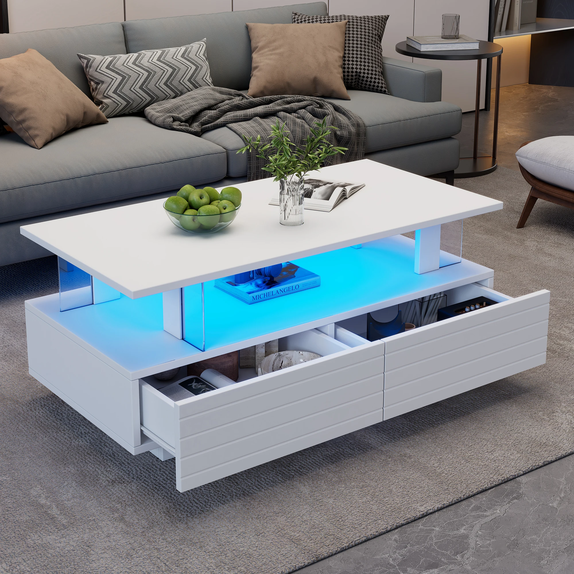 Table basse LED blanche avec fonction de rangement, table de salon LED acrylique, table d