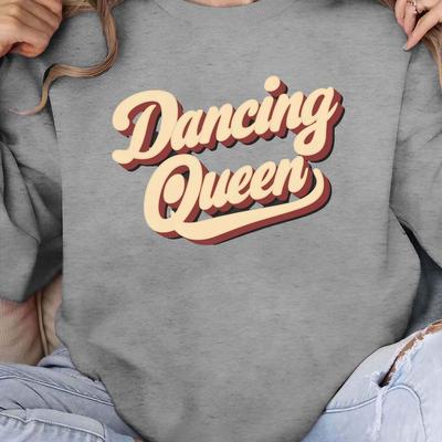 "TEMU Women's Retro "dancing Queen" Graphic Crew Neck Sweatshirt - Vintage Geometric Pullover, Fall & Spring Top, Machine Washable" Image
