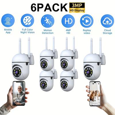 TEMU 6pcs 3mp Hd Dome Security Cameras With Motion Detection, Color Night , Alarm Push, Audio, Wi-fi Smart Home Surveillance, 355° Panoramic View, 2.4ghz, Usb Powered, System, Cameras For Image