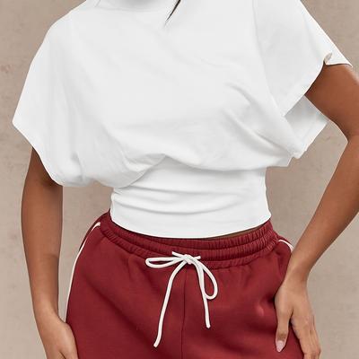 TEMU Women's Casual Fashion Solid Color Short Sleeve Polyester Knit Fabric Top, Super Loose Waist With Large Cuffs, For Women Image