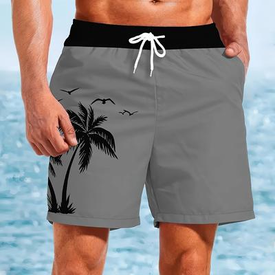 TEMU Men's Quick-dry Beach Shorts With Print - Elastic Drawstring Waist Lightweight Swim Trunks For Surfing, Swimming & Summer Vacations, Bathing Suit, Vacation Clothing, Nonstretch Material Image