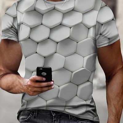 TEMU Men's Fashion T-shirt, 3d Printed Diamond Hexagon Pattern, High-definition Casual Short Sleeve Top, Summer Outdoor Sportswear, Polyester Blend, Regular Fit, Round Neck, Adult Sizes Image