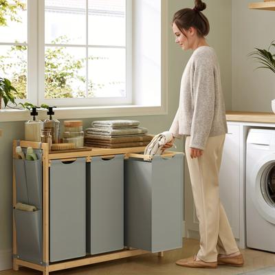TEMU Laundry Basket With 3 Compartments, Laundry Hamper, To 150 L, Laundry Sorter, With Shelf, Laundry Bag, Side Pockets, 3 X 50 L, 94 X 33 X 78 Cm, Laundry Baskets Image