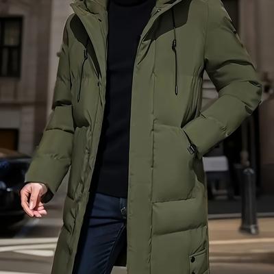 TEMU Obm Men's 2025 Winter Hooded Padded Coat - Mid-length Warm Casual Jacket With Zipper Closure, Machine Washable Polyester, Regular Fit & Pockets For Cold Weather, Winter Jacket, Outdoor , , , Image