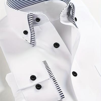 TEMU Men' White Dress Shirt With Blue Striped Collar - , Regular Fit, Button-up, Formal And Casual Attire, Formal Attire Shirt | Classic Shirt Design | Stretch Fabric Image