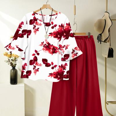 TEMU Women's Floral Print Short Sleeve Top + Elastic Waistband Loose Wide Leg Pants, Polyester, Spring/summer Collection, , With Necklace And Earrings, For Women Image
