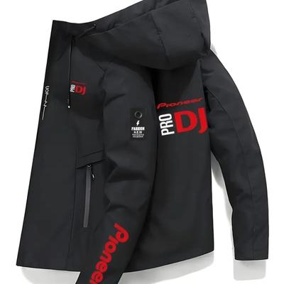"TEMU Men' Black Hooded Softshell Jacket With "" Print - Casual, Zippered, Polyester Lined, Regular Fit For Fall And Spring, Casual Outerwear | Hooded Jacket | Zippered Jacket" Image