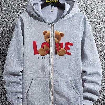 TEMU English Pattern Print Men' Trendy Zipper Hoodie, Kangaroo Pocket Long Sleeve Hooded Jacket, Loose Casual Top, Autumn And Winter Men's Clothing Image