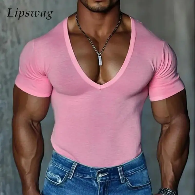 T-shirt vintage con scollo a V per uomo T-shirt estiva alla moda slim fit elasticizzata a maniche corte da uomo T-shirt traspirante casual tinta unita quotidiana