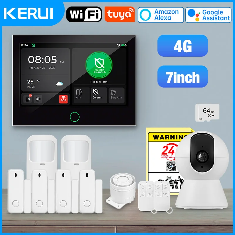 KERUI 4G/WiFi-Hausalarmsystem mit 7-Zoll-Touchscreen Tuya Smart Wireless Home Einbruchalarm mit Bewegungsmelder Türsensor Image