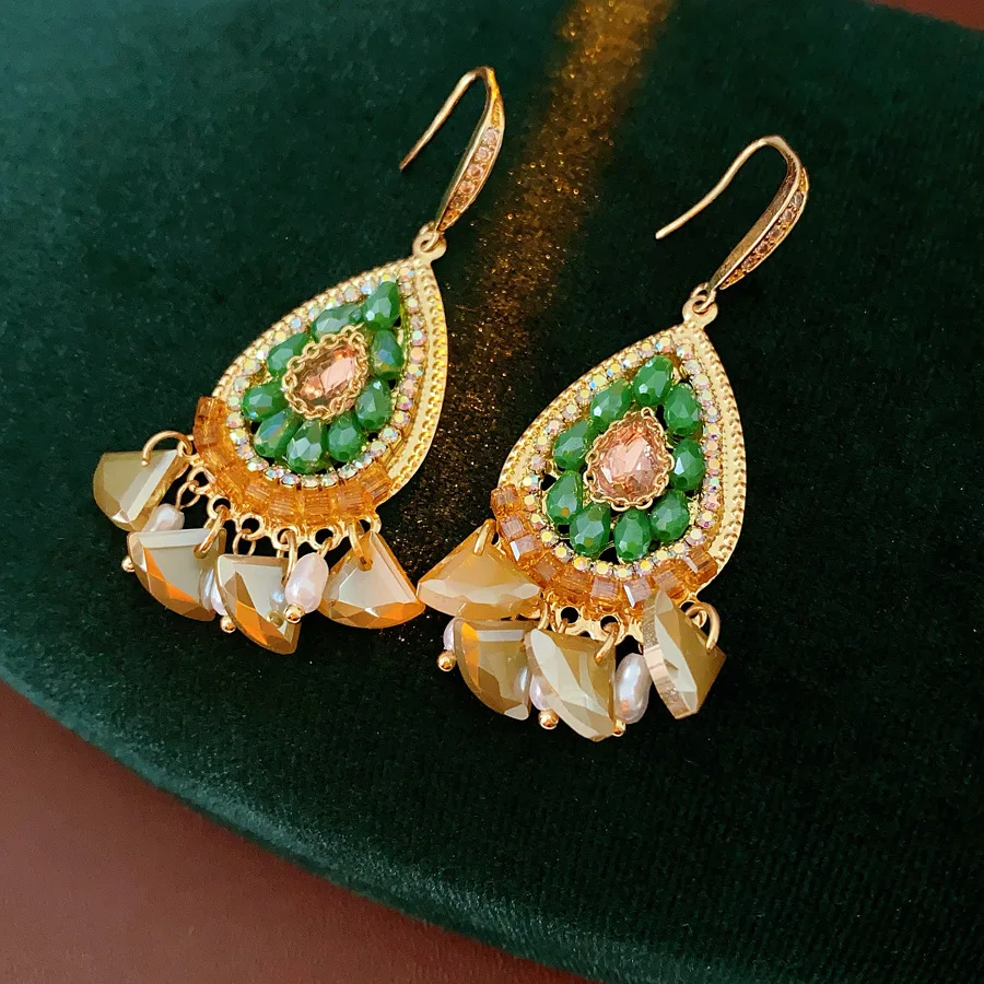 Eingelegte Strass Kristall Tröpfchen Anhänger Ohr Haken Ethnischen Stil Mode Tropfen Ohrringe Retro Böhmischen Luxus Designer Schmuck Image