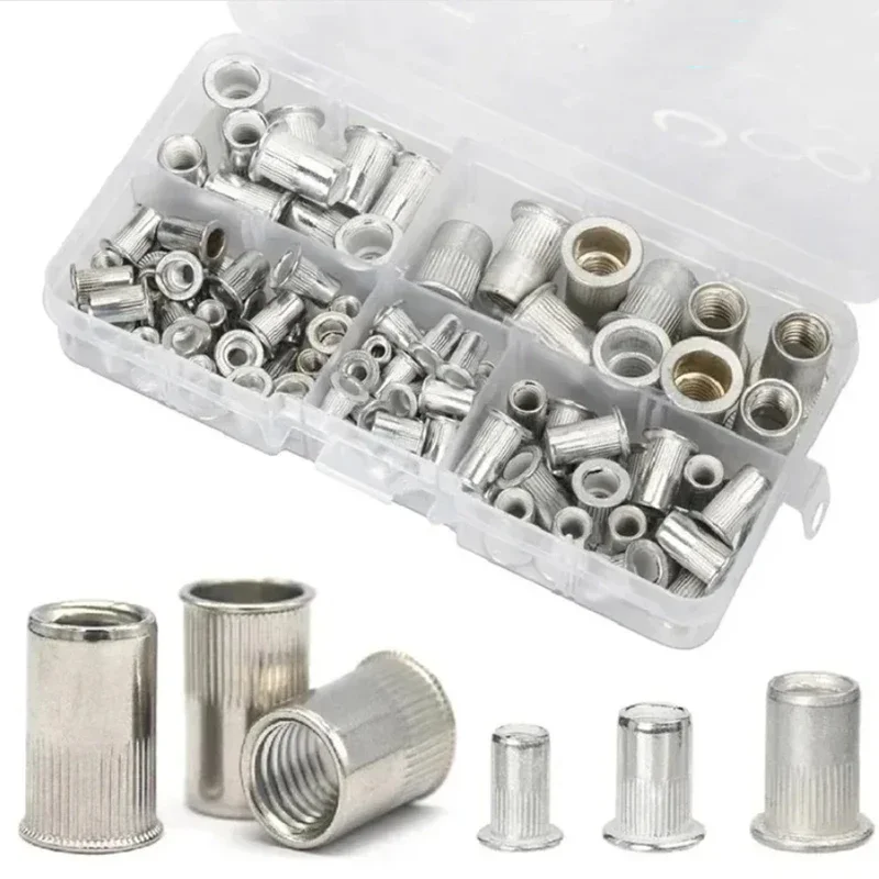 100-teiliges Aluminium-Nietmuttern-Set M3/M4/M5/M6/M8, Flachkopf-Gewindeeinsätze für die automatische Werkzeuginstallation Image