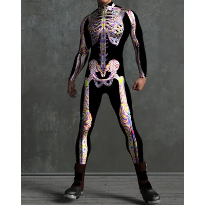 Männer Frauen 3D Bunte Skelett Body Cyber Punk Overall Halloween Party Karneval Cosplay Kostüm Leistung Strampler Zentai Image