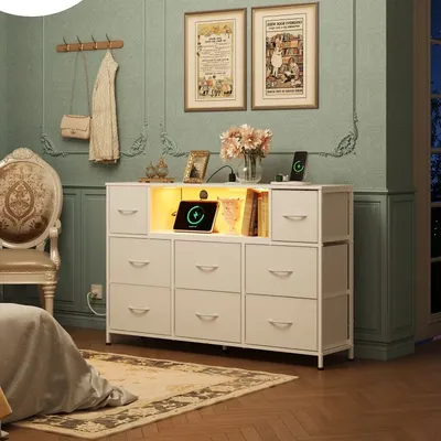 GALAXHERO 8 Drawer Fabric Dresser Charging Station LED Lights TV Stand Storage Chest Open Shelves Bedroom Living Room Closet