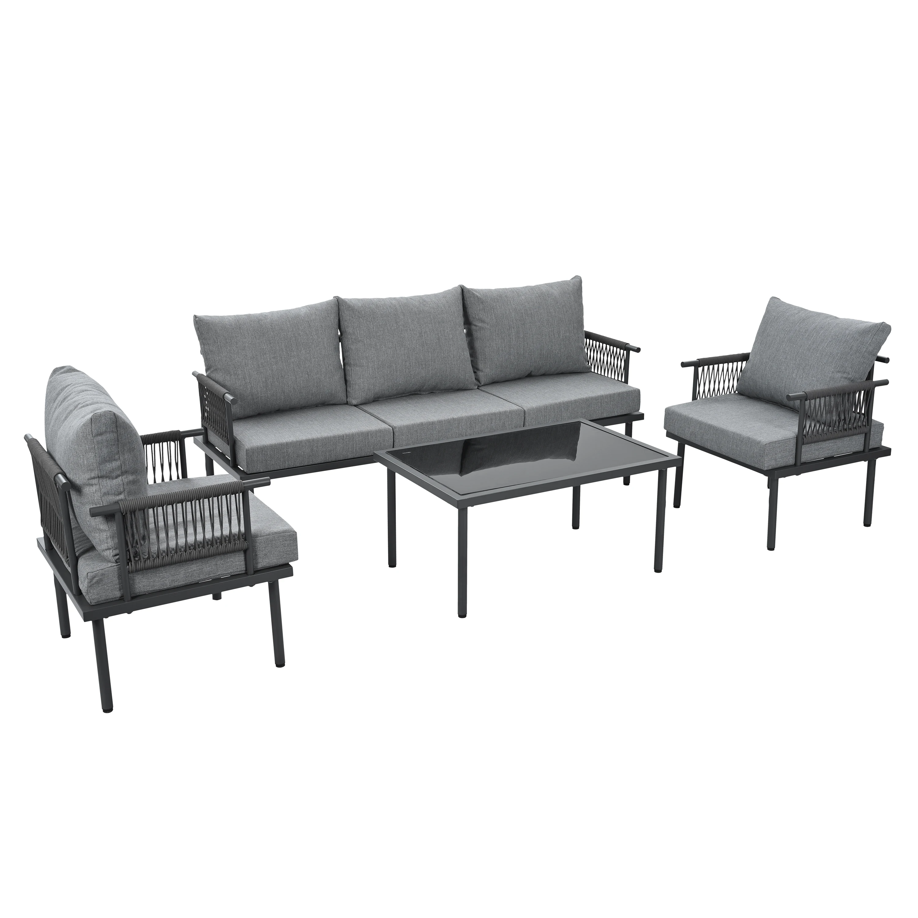 Gartenmöbel-Set mit 3er Sofa, 2 Sesseln & Glastisch, Seilarmlehnen, Kissen, verzinktem Stahl, für Outdoor, grau Image