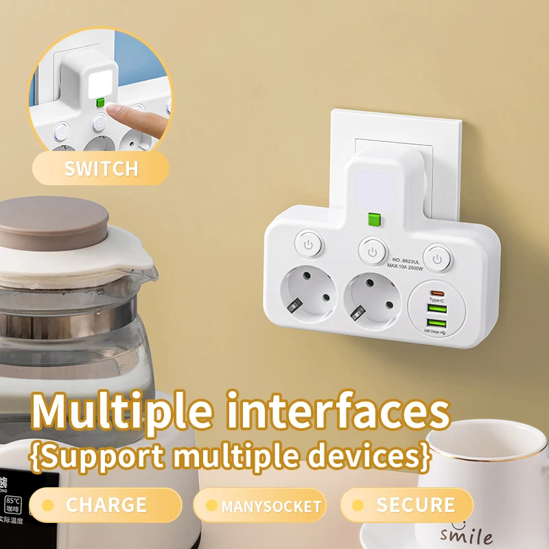EU-Stecker AC-Buchse Power Board mehrschichtige Wandsteckdose Universal-Netzwerkfilter, mit oder ohne USB unabhängige Schalterleuchte ada Image