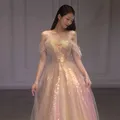 Abiti da sera da donna Rosa scintillante Abito a-line abiti da noche mujer Al largo della spalla Abito da ballo di fine anno abiti para mujer