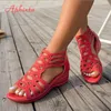 Aphixta 5,5 cm Rot Ferse Sandalen Frauen High Heels Schuhe Zurück Zip Leder Kristall Sommer Zapatos Mujer Keile Frau Sandale größe 43