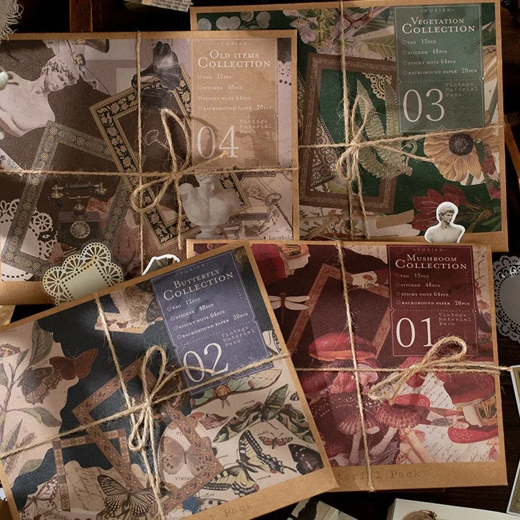 144 Stück/Lot Vintage-Aufkleber + Materialpapier, Hybrid-Set, Kreativität, dekoratives Handkonto, Tagebuch, Album, Scrapbooking-Zubehör Image