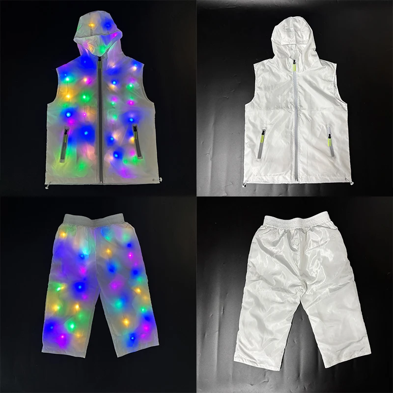 Leuchtende Weste Jacke Kostüme Hip Hop Bar Performance Dance Outfit Sommer Led Roboter Anzug Capri Hosen LED Dancewear Männer Frauen