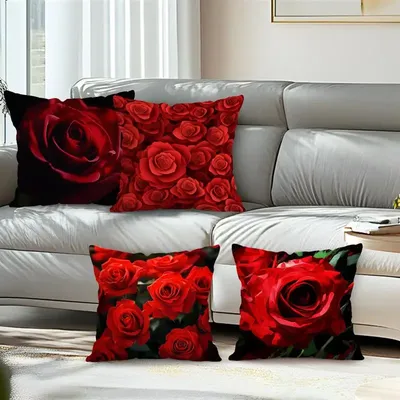 Kissenbezug mit roten Rosen, bedruckt, 100 % Polyester, 45 x 45 cm, Dekokissenbezug, dekoratives Sofakissen, Kissenbezug, Heimdekoration Image