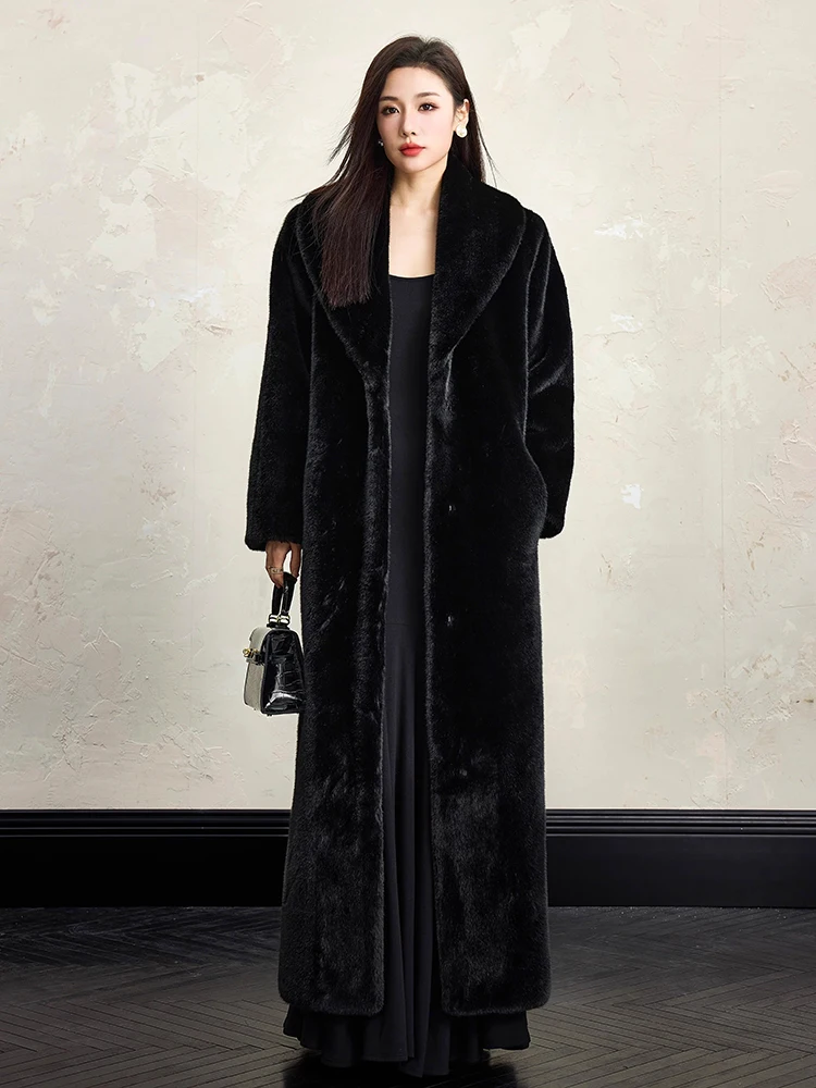 Lautaro Winter Extra Lange Elegante Luxus Chic Dicke Warme Weiche Schwarz Flauschigen Faux Pelzmantel Frauen Schal Kragen Pelzigen Mantel 2025