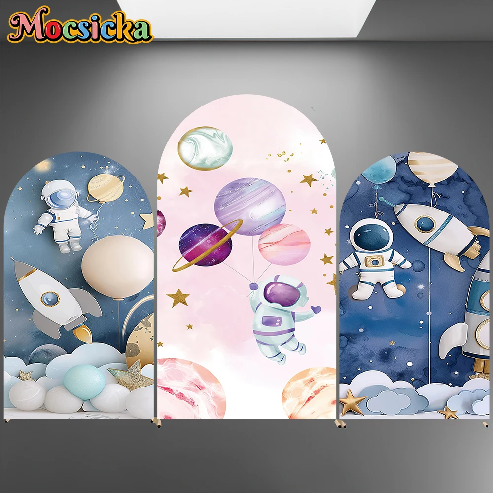 Mocsicka Space Arch Hintergrundabdeckungen, elastisch, doppelseitig, Geburtstag, gewölbte Hintergründe, Astronaut, Rakete, Luftballons, Party-Dekoration, Requisiten Image