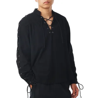 Piratenhemd Herren Vintage Mittelalter Halloween Cosplay Wikinger Kostüm Langarm Schnüroberteile Image