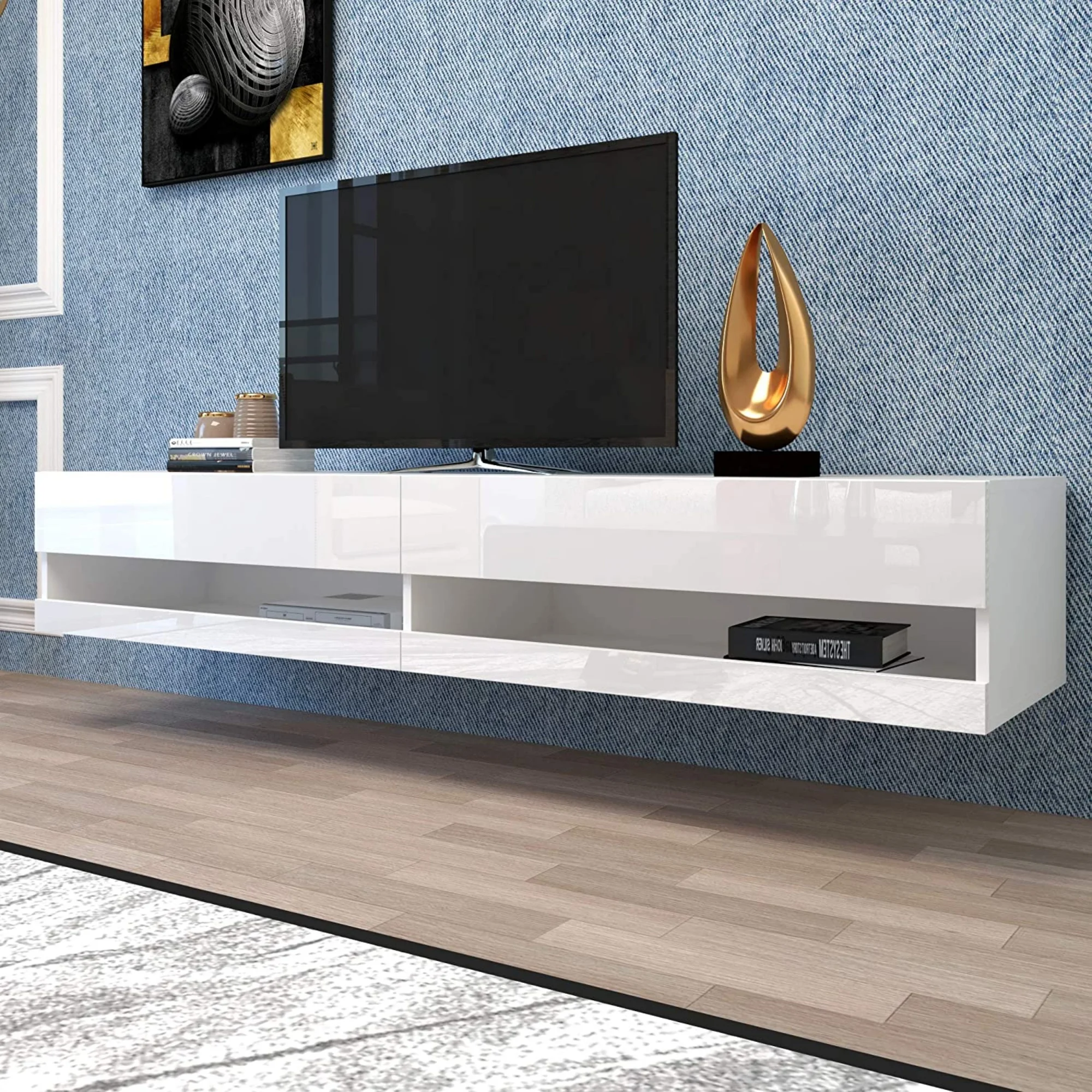 LED TV-Schrank , TV-Lowboard in Weiß mit LED-Beleuchtung, hochwertiges TV-Board mit viel Stauraum für Ihr Wohnzimmer 140x40x30.5