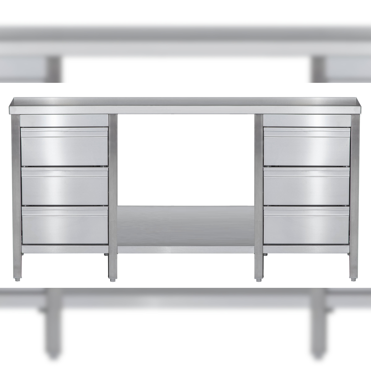 A&S Gastro Edelstahl Arbeitstisch mit Schubladenblock links & rechts verschweißt Bautiefe 600mm mit Grundboden AISI 304 Image