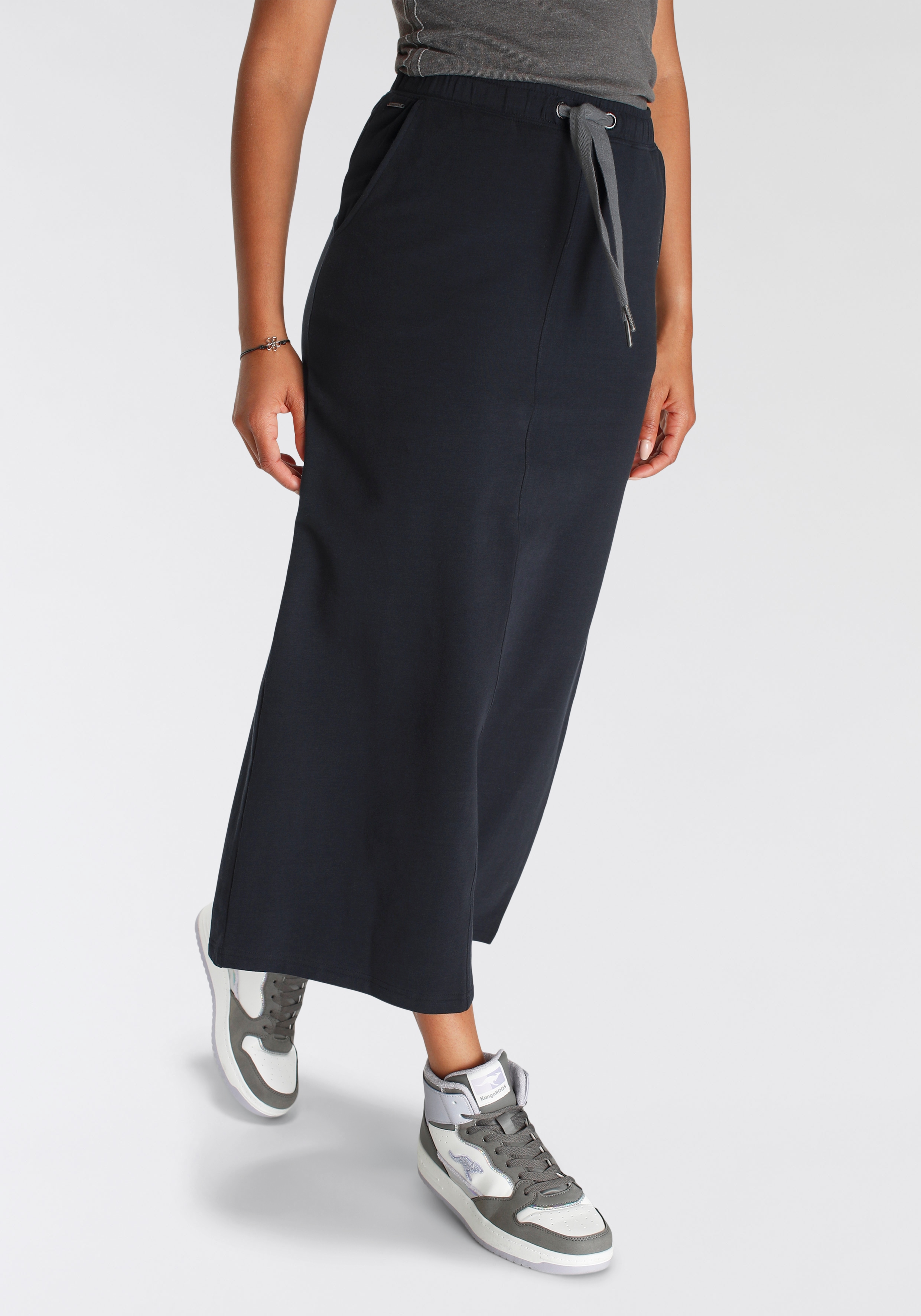 Sweatrock KANGAROOS, Damen, Gr. 42, schwarz, Sweatware, Obermaterial: 95% Baumwolle, 5% Elasthan, kontrastfarbene Details, unifarben, figurumspielend lang, Röcke, in Midilänge mit Schlitz