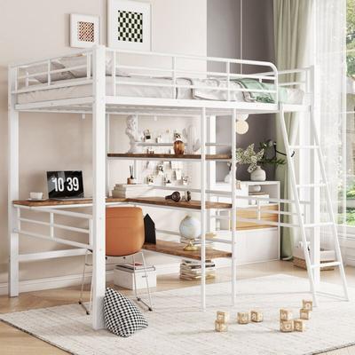 Okwish - Hochbett 90x200 cm Einzelbett mit Schreibtisch, mehreren Regalen, Geländer und Leiter, für Image