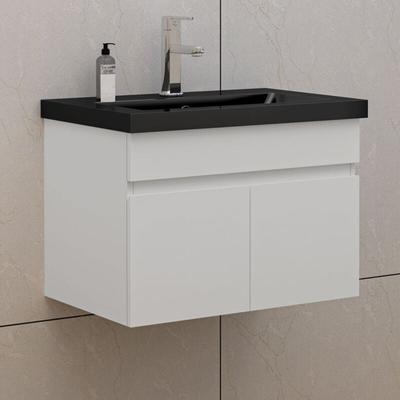60cm Badmöbel Set mit Waschbecken Schwarz Mineralguss Waschtisch mit Unterschrank Gäste wc Weiß Matt Image